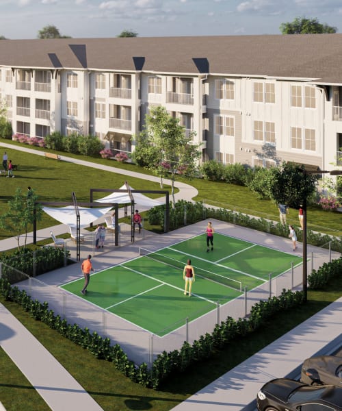 Beautiful aerial render of our tennis court and apartments at Altura in Pensacola, Florida