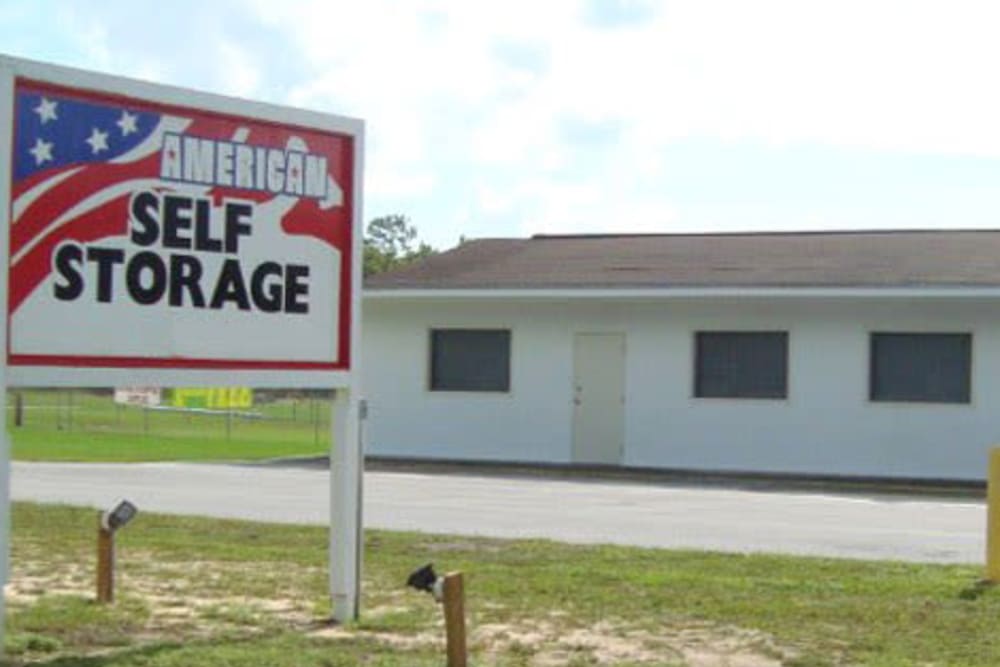 The main sign at American Self Storage in Defuniak Springs, Florida