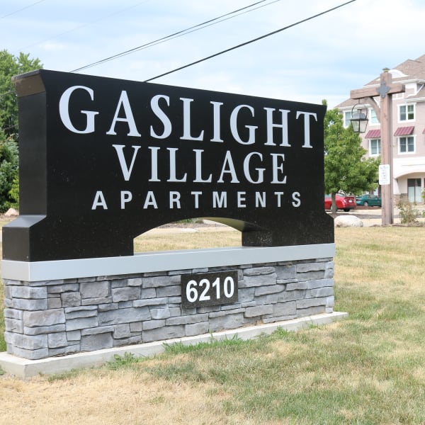 Location sign outside at Gaslight Village in East Lansing, Michigan