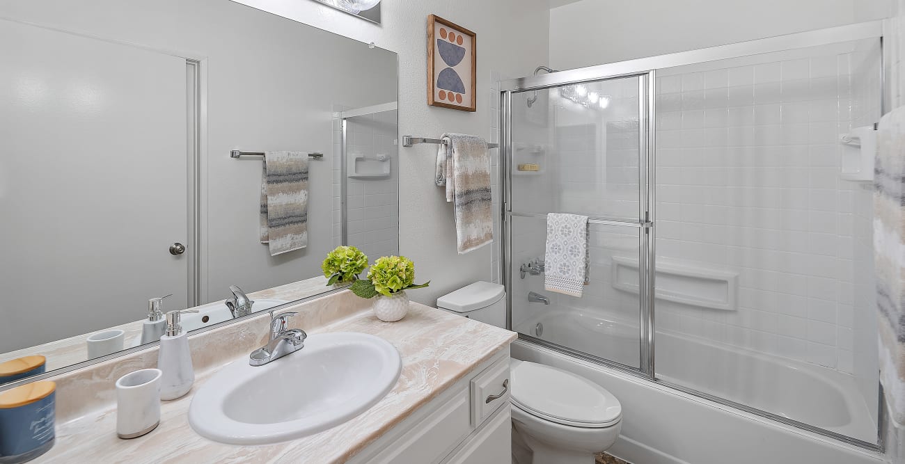 Spacious bathroom at the Hallmark Apartment in Studio City, CA with upgraded features