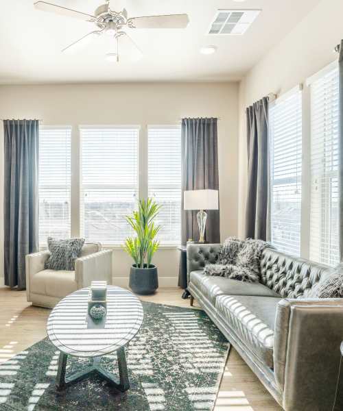 Living room with huge windows at Alira Apartments in Sacramento, California