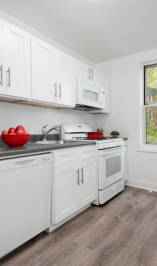 Brightly lit kitchen with white cabinetry at Eastgold Westchester in Dobbs Ferry, New York