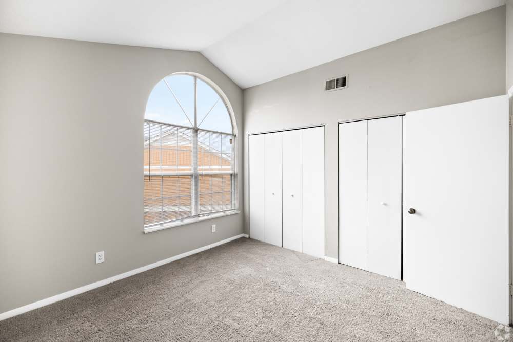 bedroom with wall to wall carpeting and large, arched window