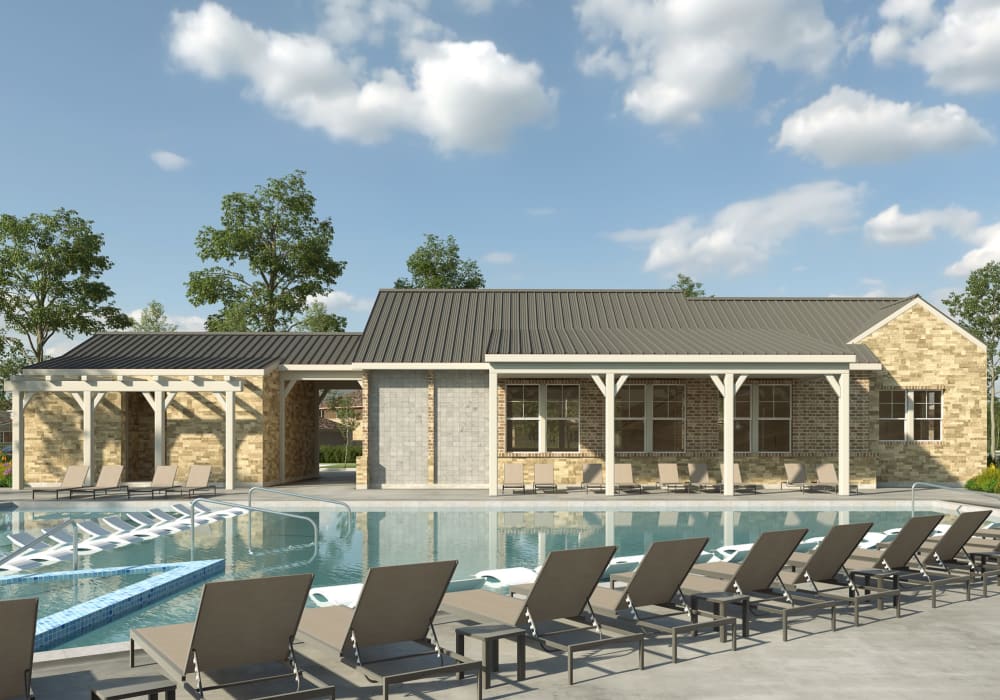 Large resort style swimming pool at BB Living Light Farms in Celina, Texas