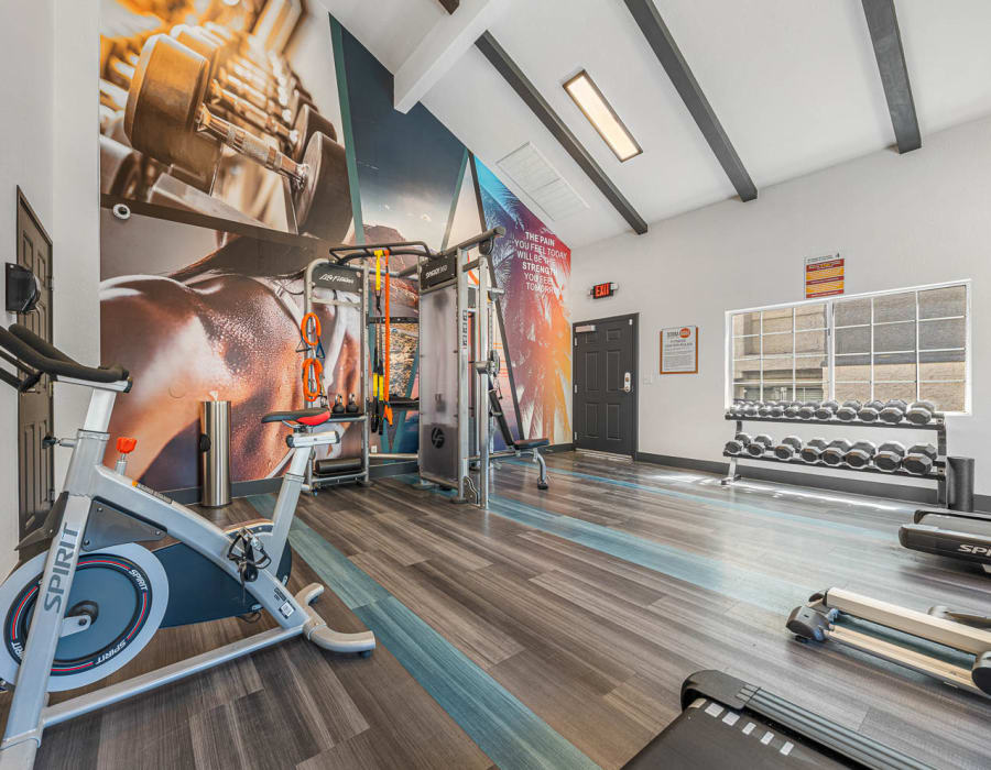 Cardio equipment and weights in the fitness center at Sedona Ridge in Las Vegas, Nevada