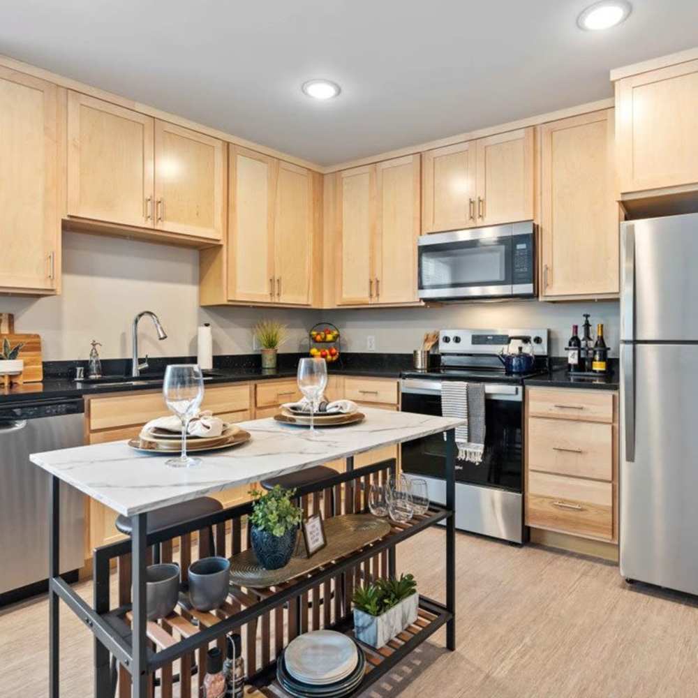 Spacious kitchen with stainless-steel appliances and island countertop at Michigan Street Commons in Milwaukee, Wisconsin