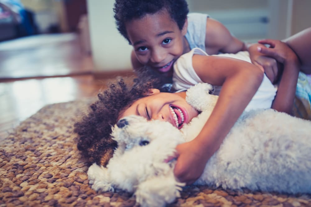 Children playing with their dog at Riverbend on the Charles in Watertown, Massachusetts