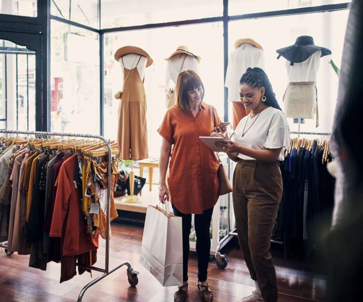 Resident shopping clothes at a boutique near Pine View in La Pine, Oregon