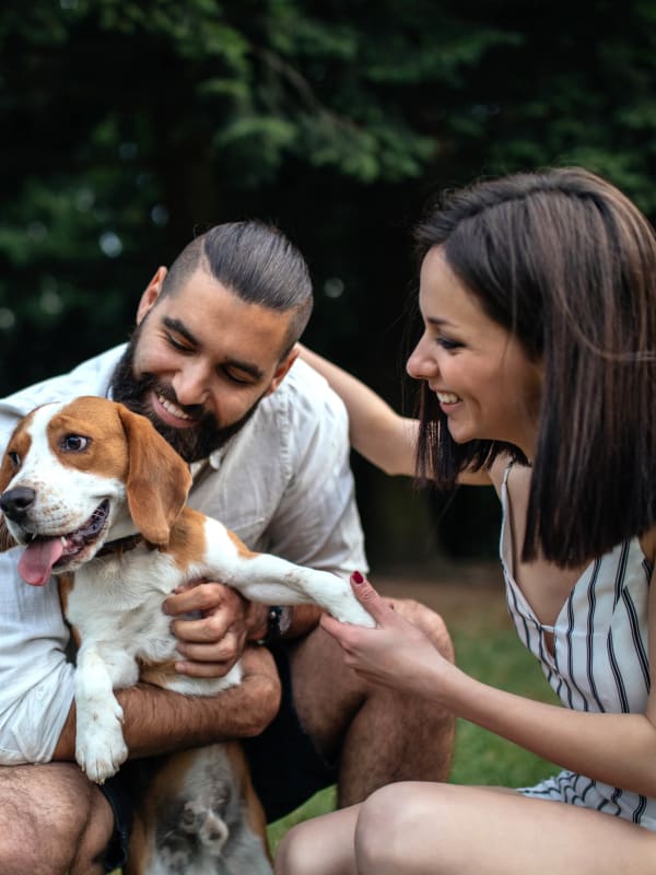 Couple on a walk with their dog in Dallas, Texas near Bellrock Bishop Arts