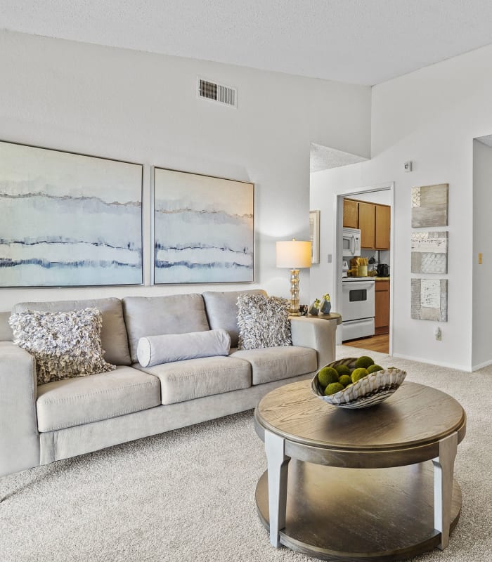 coffee table and Carpeted living room at Windsail Apartments in Tulsa, Oklahoma