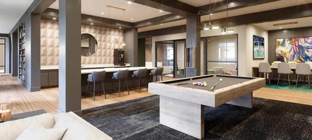 Game room and demonstration kitchen at The Reserve at Patterson Place in Durham, North Carolina