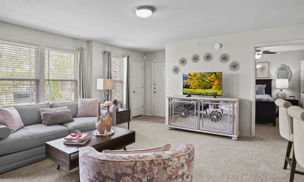Bright and open living room at Cottages at Abbey Glen Apartments in Lubbock, Texas