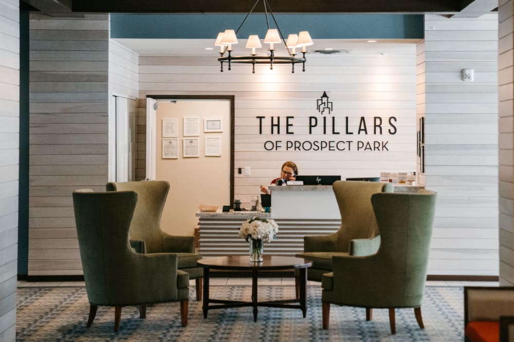 Reception and seating area at one of the locations at Pillars Senior Living in Lakeville, Minnesota