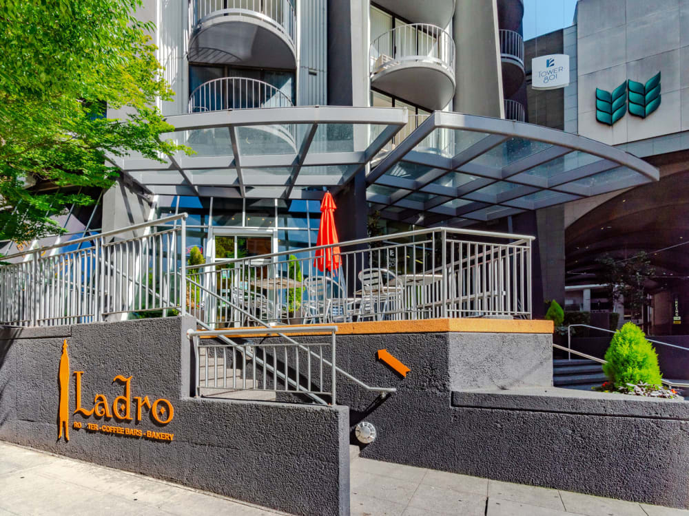 Ground-floor retail area with a Caffe Ladro at Tower 801 in Seattle, Washington