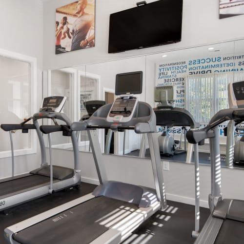 Cardio machines and weights in the high-tech fitness center at Chase Lea Apartment Homes in Owings Mills, Maryland