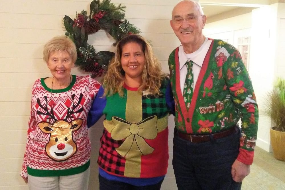 Christmas sweater party at Merrill Gardens at Huntington Beach in Huntington Beach, California. 