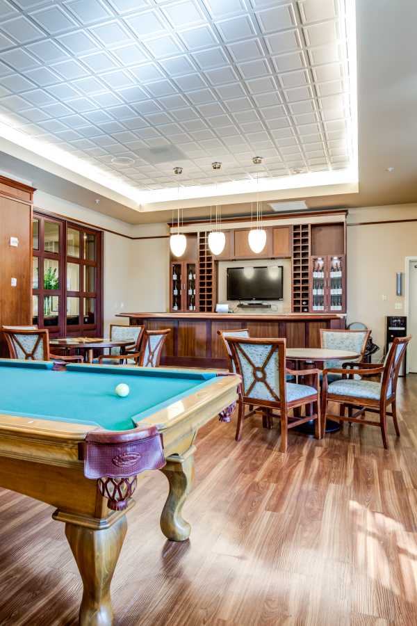 Billiard table and bar at Merrill Gardens at Tacoma in Tacoma, Washington. 