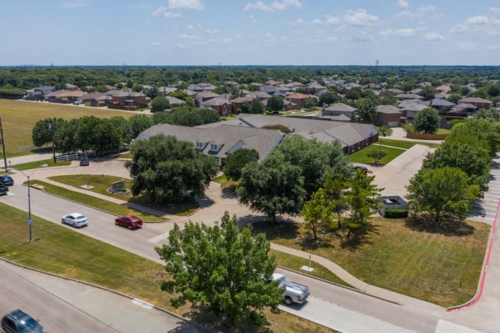 Aerial view on a sunny day at Meadow Creek Senior Living in Lancaster, Texas