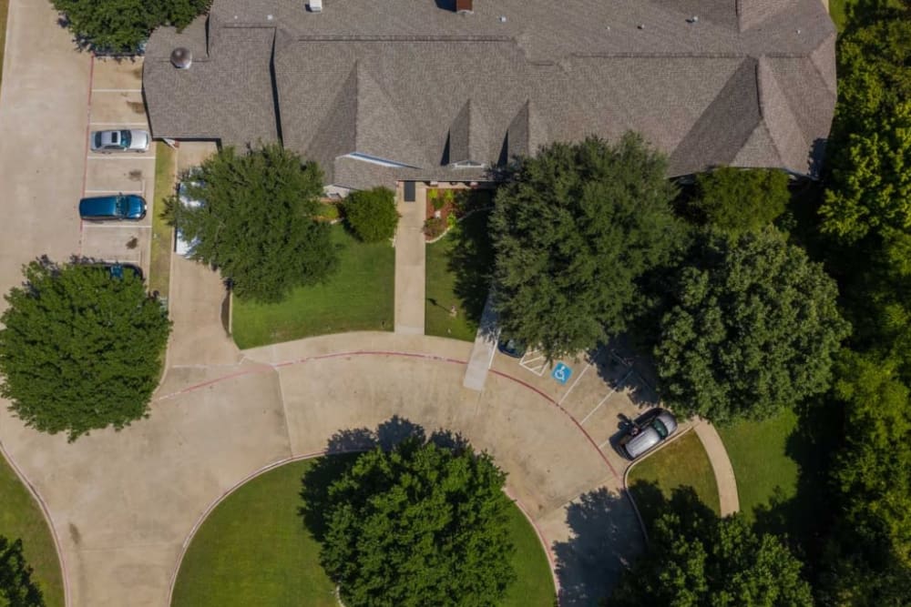 Aerial view on a sunny day at Deer Creek Senior Living in Desoto, Texas