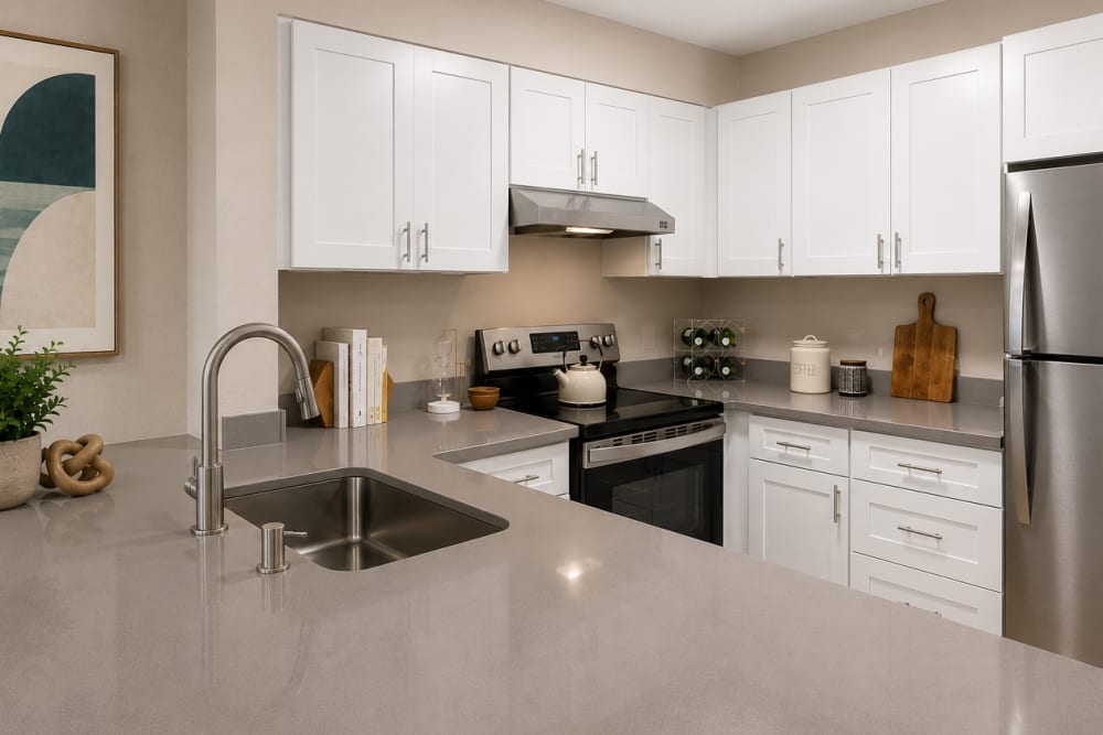 Kitchen with white cabinets at Sofi at Somerset in Bellevue, Washington