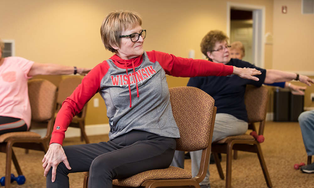 senior residents taking a group fitness class