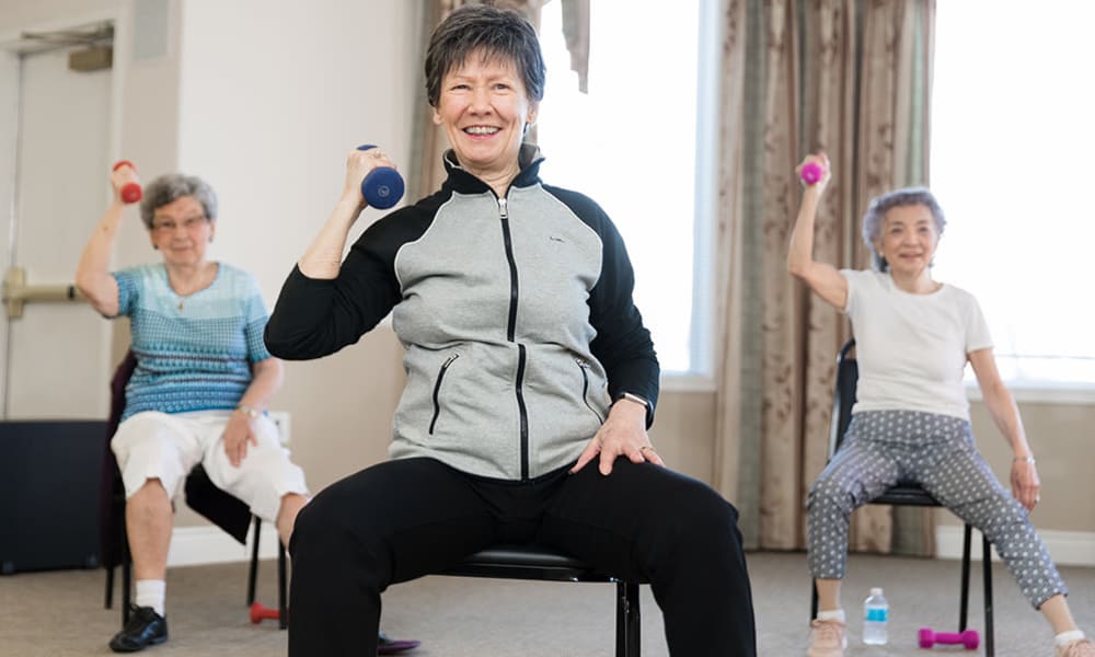 Residents exercising at Touchmark at Wedgewood in Edmonton, Alberta