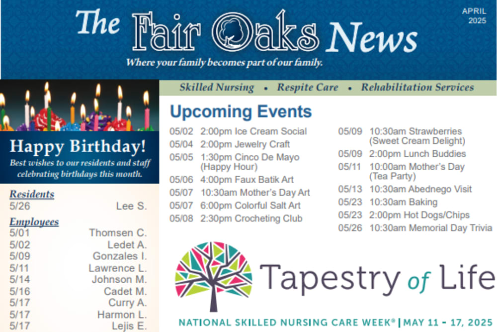 May 2025 Newsletter at Fair Oaks Health Care Center in Crystal Lake, Illinois