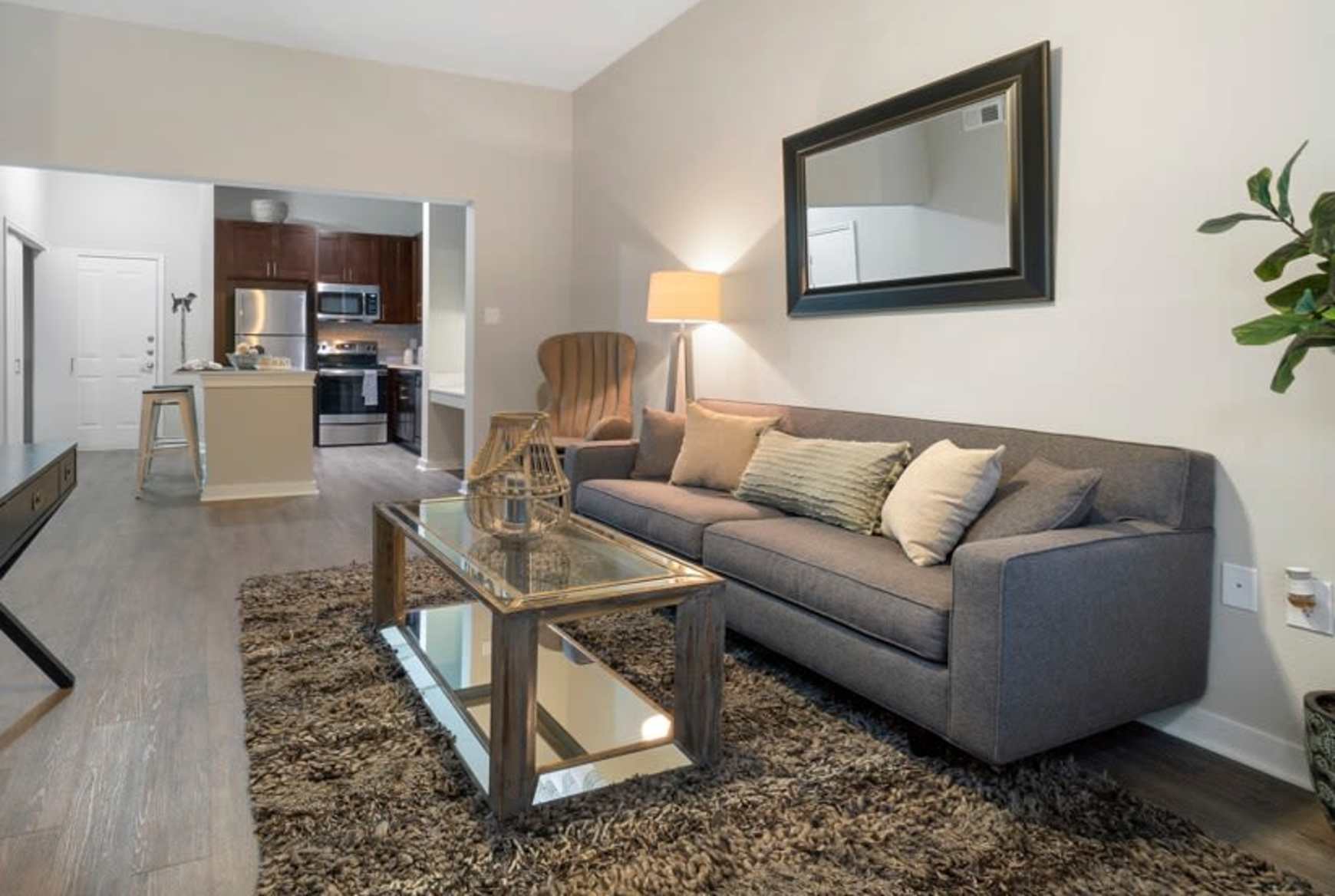 Modern living room at Flatiron District at Austin Ranch, The Colony, Texas.