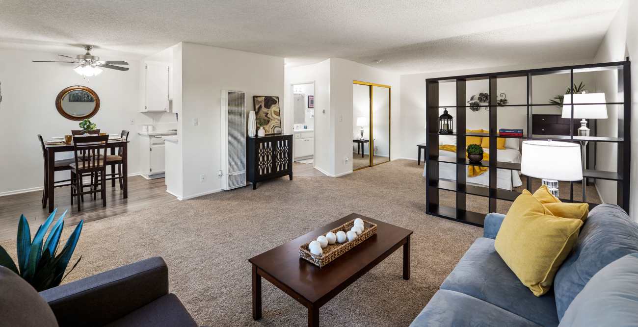 A junior one-bedroom apartment with a view of the living and dining areas, with a shelving unit separating the living space from the bedroom at The Parkview in Lake Balboa, CA