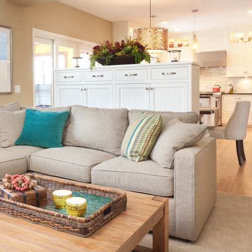 A furnished living room at Bonita Bluffs in San Diego, California