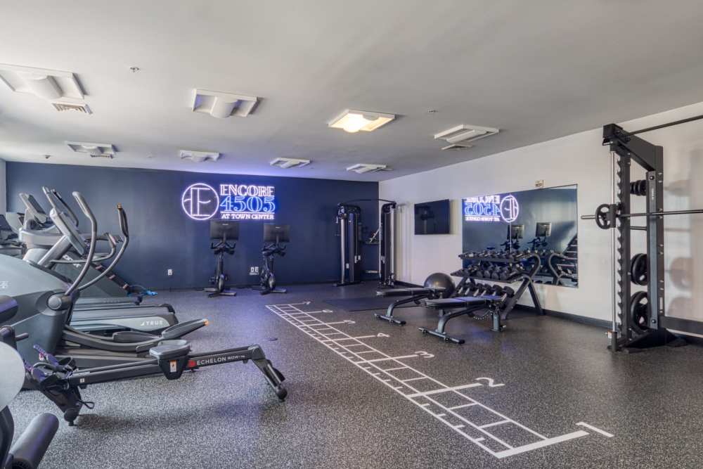 Fitness equipment with large windows at The Residences at Town Center in Virginia Beach, Virginia