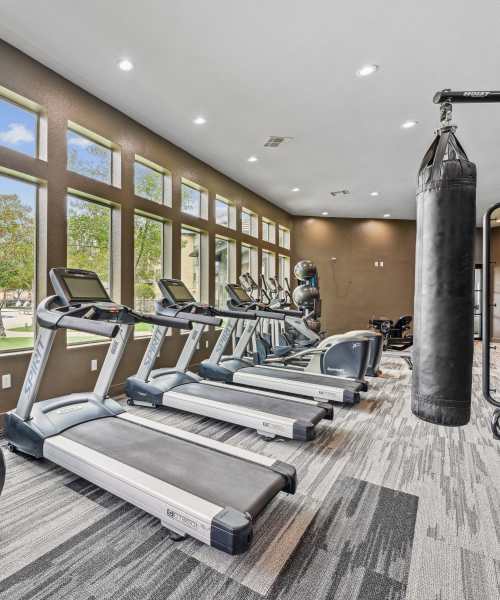 well-equipped fitness center at Barron Park in Pearland, Texas