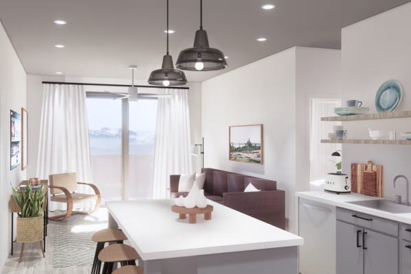 Rendering of a spacious living room and upgraded kitchen space at The Piedmont in Tempe, Arizona