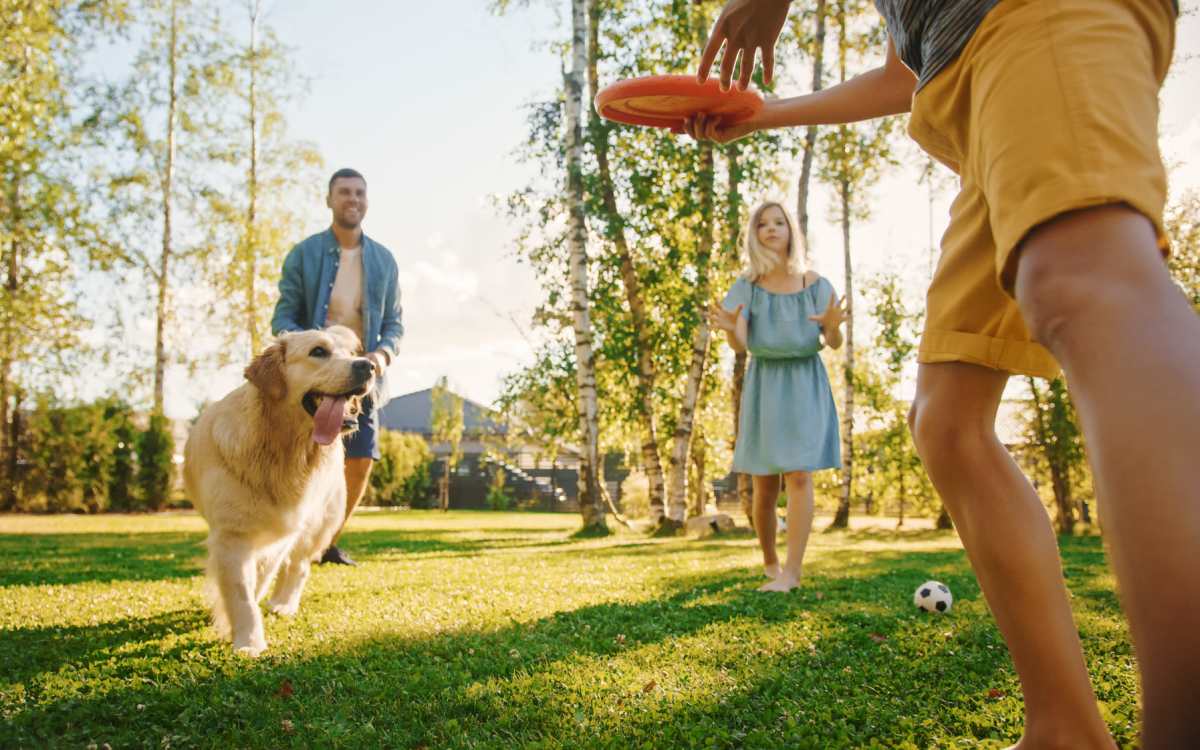 Residents family playing with their pet in park near The Acacia in Palo Alto, California