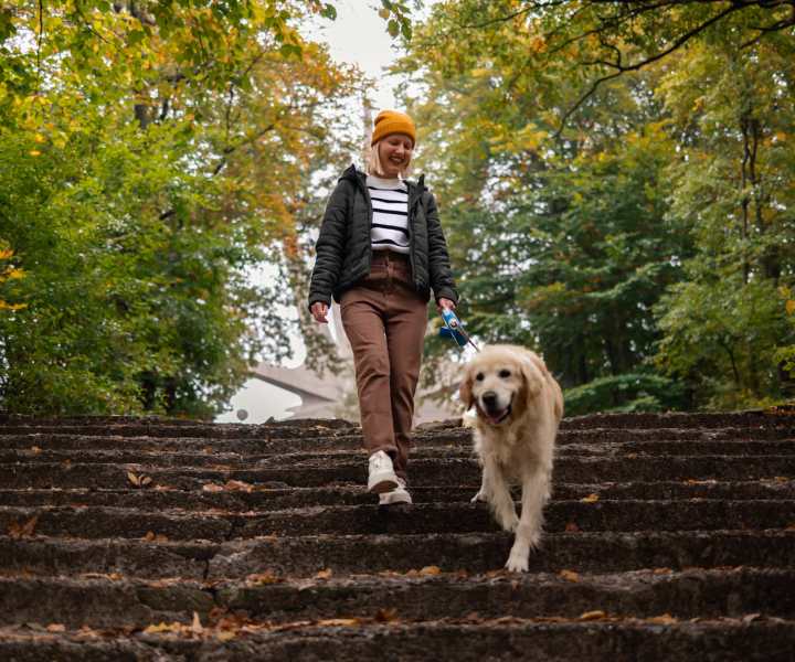 A woman and her dog walking down steps in a park near Pine View in La Pine, Oregon