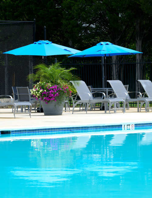 Community pool with laid back chairs at Beacon Hill Apartments in Alexandria, Virginia