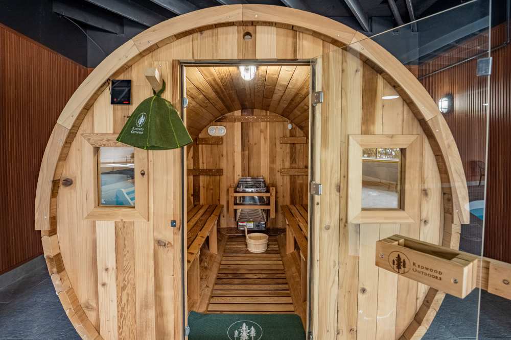 Sauna on indoor pool deck at Thea Apartments in Tacoma, Washington