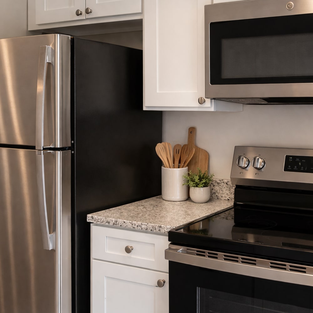 Modern kitchen with stainless-steel appliances at Reserve South in Richmond, Virginia