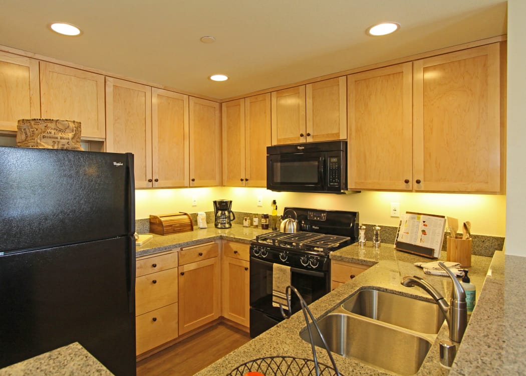 Beautiful gourmet kitchen with black appliances in model home at IMT Magnolia in Sherman Oaks, CA