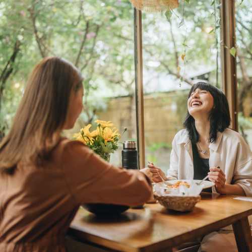 Two women at a cafe near Marea in Dana Point, California  