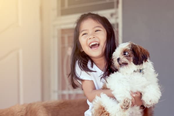 young girl with her dog at Reserve at Centerra Apartment Townhomes in Loveland, Colorado