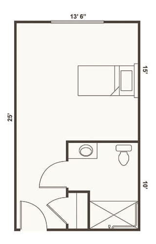 Memory Care studio with a shower at Almond Heights in Orangevale, California