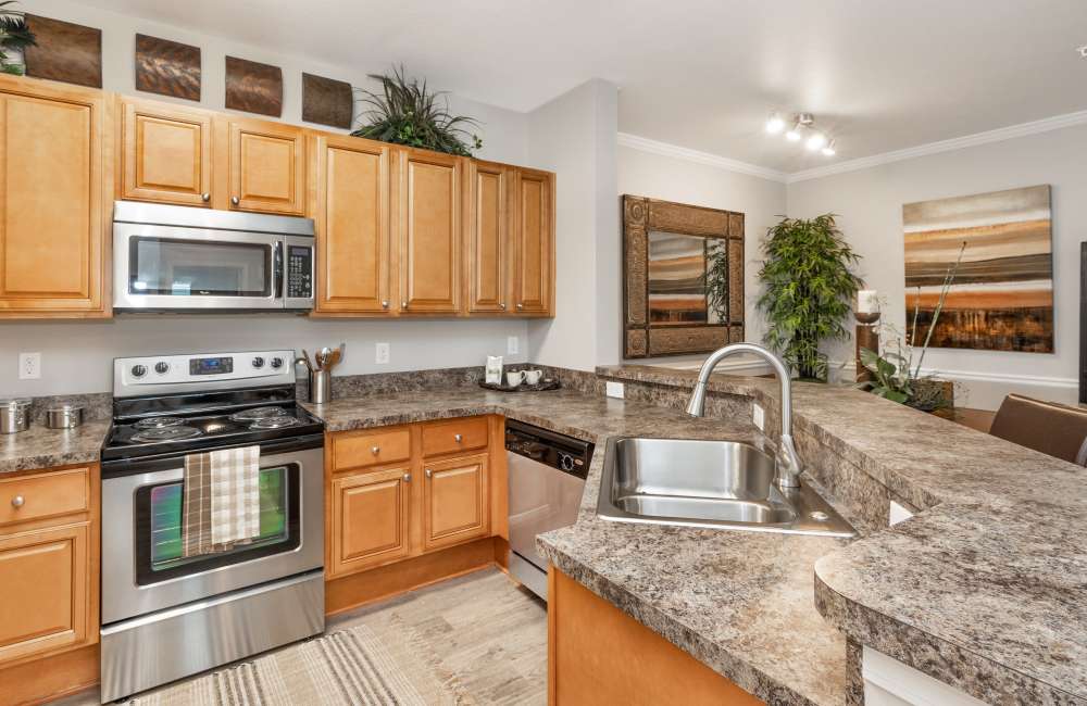 Kitchen with range, microwave, fridge and flush sink at The Crossings At Nine Mile Road in Pensacola, Florida