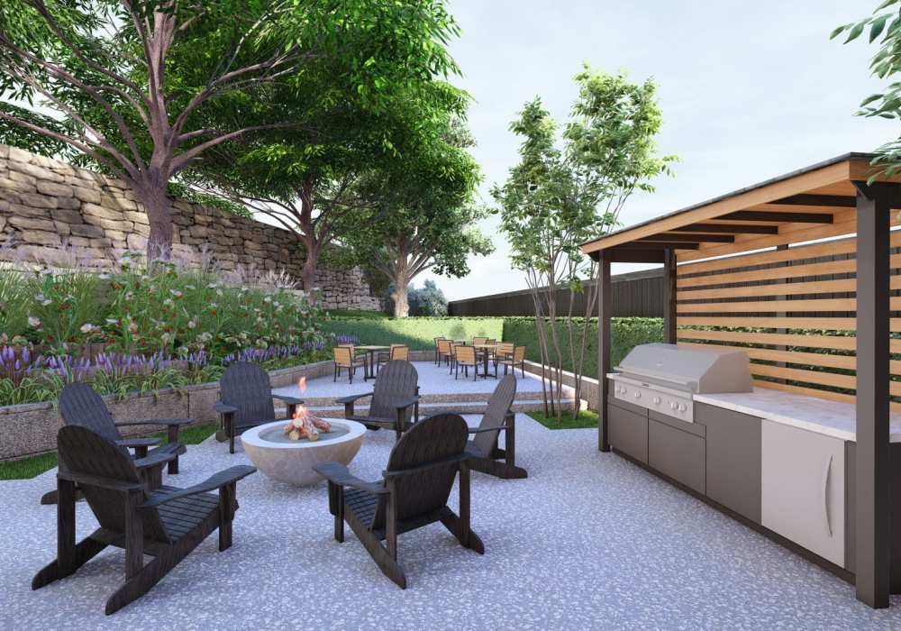 Vibrant community outdoor clubhouse with grilling station at Bellevue Ridge Apartments in Bellevue, Washington