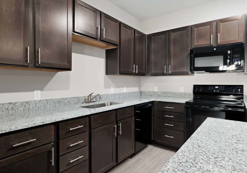 Kitchen with electric stove, built-in microwave and a refrigerator at The Janson in Del Valle, Texas