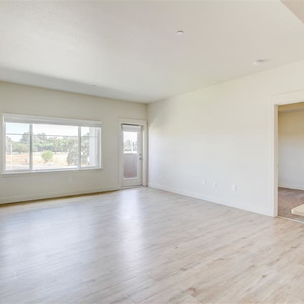 Spacious living room space with abundant natural light from large windows at The Palms at Morada in Stockton, California
