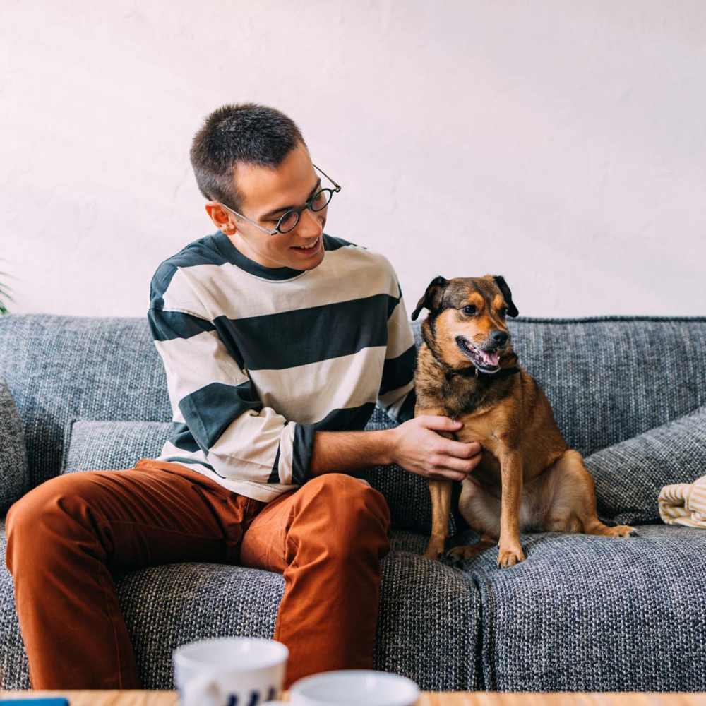 Resident man sitting on a couch with his pet dog at Pine Bluff in Kingsford, Michigan