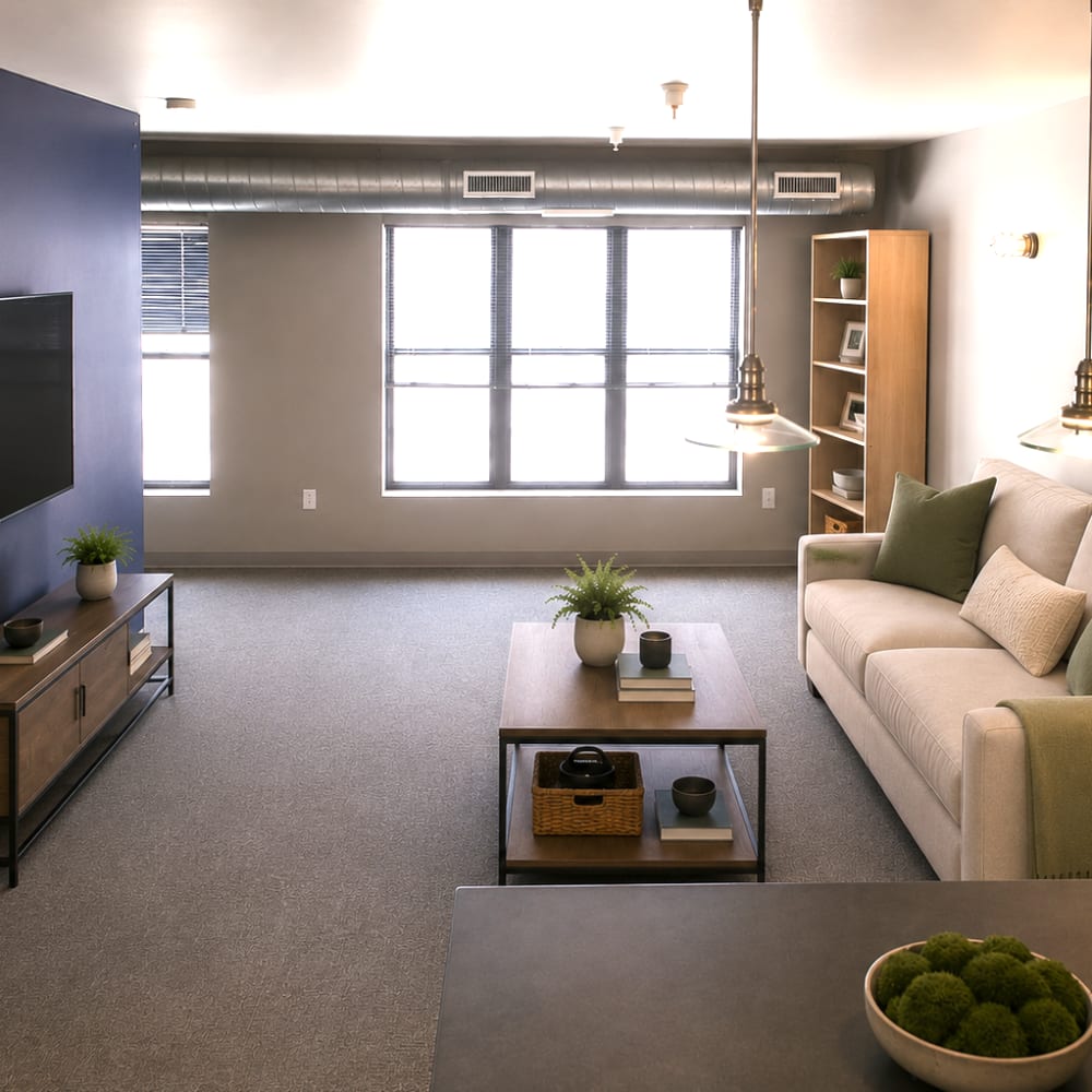 loft living room with stairs and modern accessories at East Village Square in Des Moines, Iowa