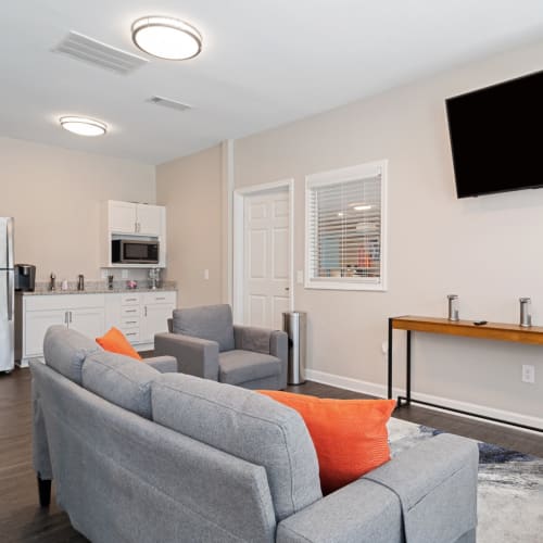 A furnished living room at Vesta Bouldercrest in Atlanta, Georgia