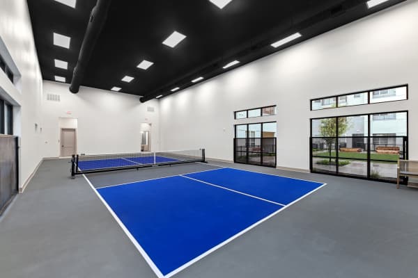 Brand-new indoor pickleball court with smooth flooring and bright overhead lighting.